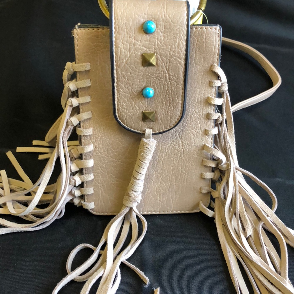 Mudd Taupe Color Fringed Cell Phone Magnetic Snap Crossbody - Boho Style